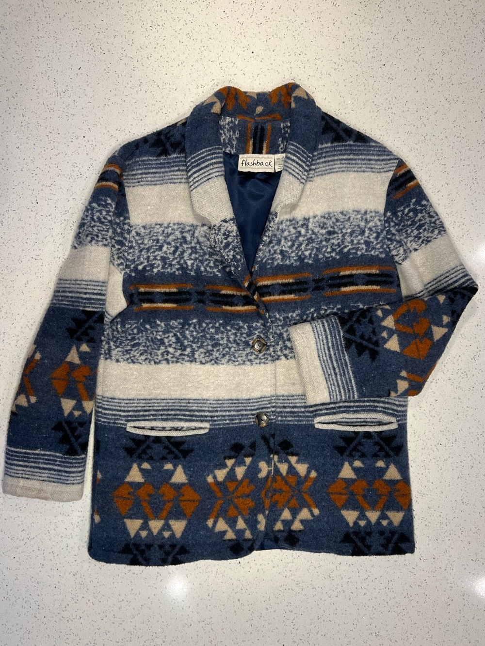 VTG 90s Flashback Blue Southwestern Geometric Blanket Jacket Tapestry Coat Boho